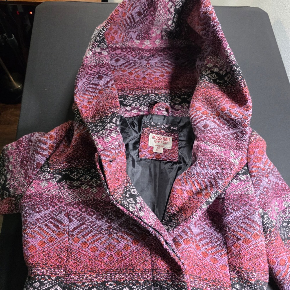 Mossimo Supply Co Womens Pink Purple Geometric Hooded Belted Wrap Coat Small‎ - Picture 8 of 11